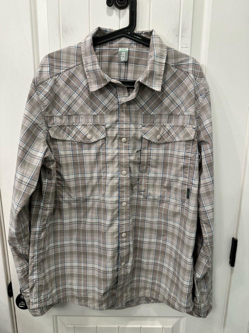 Stio Mens Plaid Snap Front Shirt Roll Tab Sleeve Technical Hiking Tan Blue L
